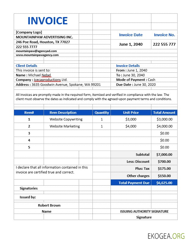 Modèle de facture d'agence de publicité professionnelle